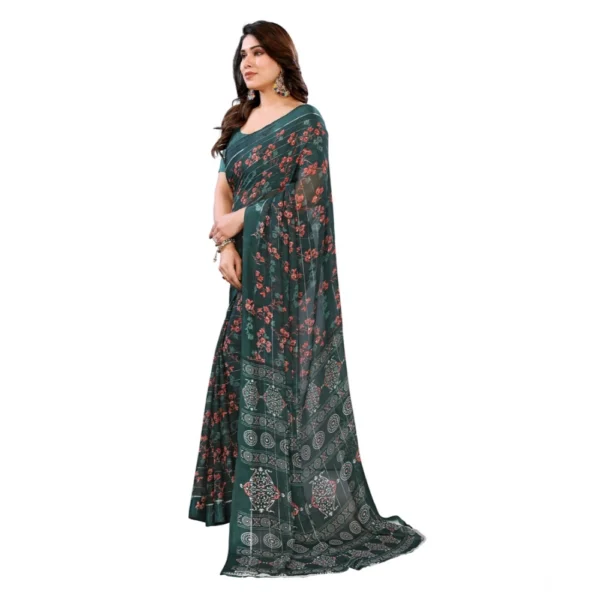 Women's Georgette Printed Saree With Unstitched Blouse 5.5Mtr (Green) - Image 4