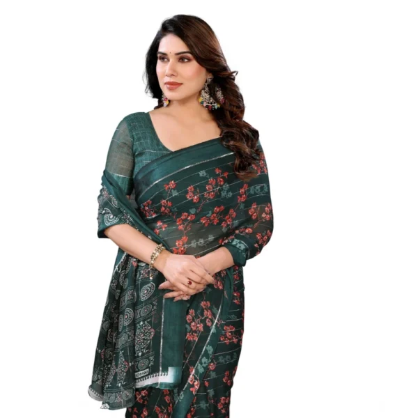 Women's Georgette Printed Saree With Unstitched Blouse 5.5Mtr (Green) - Image 2