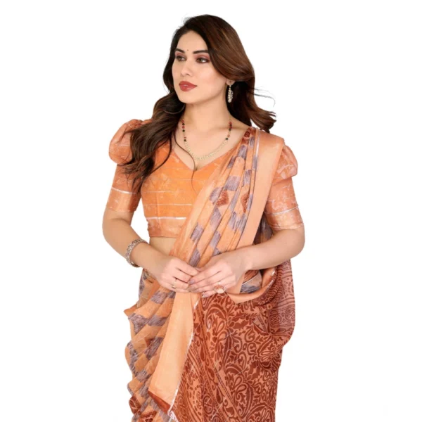 Women's Georgette Printed Saree With Unstitched Blouse 5.5Mtr (Orange) - Image 2