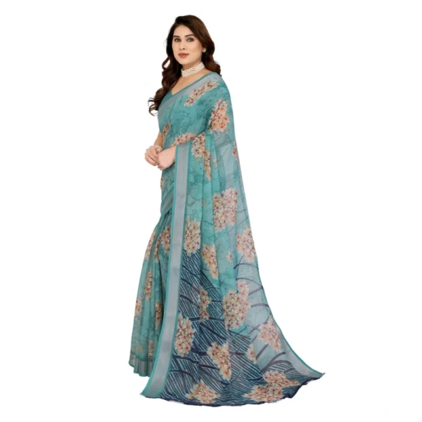 Women's Georgette Printed Saree With Unstitched Blouse 5.5Mtr (Turquoise Green) - Image 4