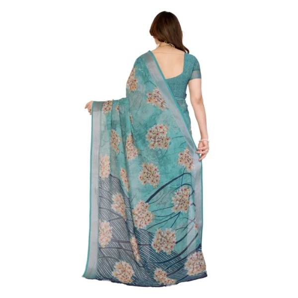 Women's Georgette Printed Saree With Unstitched Blouse 5.5Mtr (Turquoise Green) - Image 3