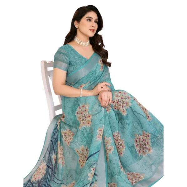 Women's Georgette Printed Saree With Unstitched Blouse 5.5Mtr (Turquoise Green) - Image 2
