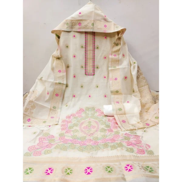 Women's Banarasi Silk Printed Unstitched Salwar Suit Material With Dupatta (White, 3Mtrs) - Image 4