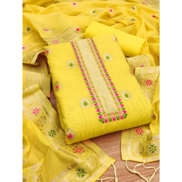 Women's Banarasi Silk Printed Unstitched Salwar Suit Material With Dupatta (Yellow, 3Mtrs) - Image 3