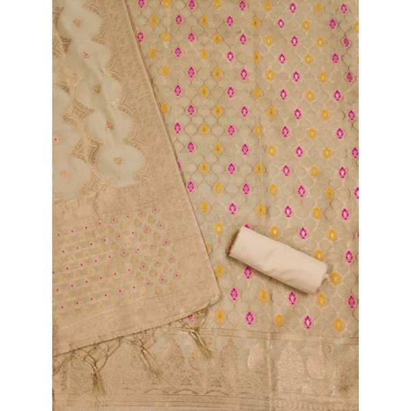 Women's Banarasi Silk Printed Unstitched Salwar Suit Material With Dupatta (Cream, 3Mtrs) - Image 2