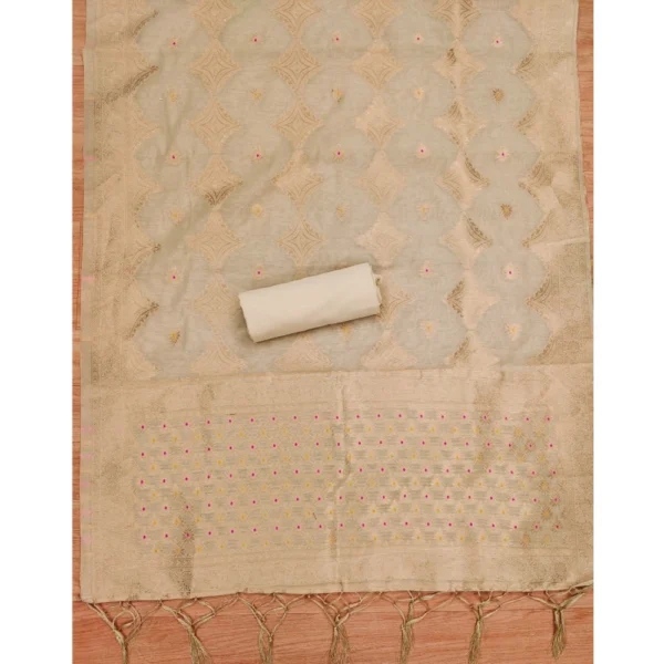 Women's Banarasi Silk Printed Unstitched Salwar Suit Material With Dupatta (Cream, 3Mtrs) - Image 3