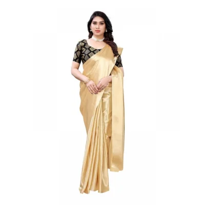 Women's Satin Printed Saree With Unstitched Blouse 5.5Mtr (Chiku)