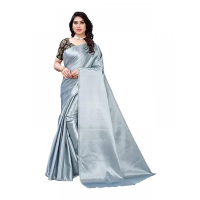 Women's Satin Printed Saree With Unstitched Blouse 5.5Mtr (Grey)