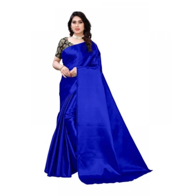 Women's Satin Printed Saree With Unstitched Blouse 5.5Mtr (Royal Blue)