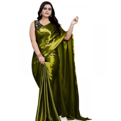 Women's Satin Solid Saree With Unstitched Blouse 5.5Mtr (Green)