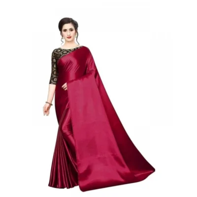 Women's Satin Solid Saree With Unstitched Blouse 5.5Mtr (Maroon)