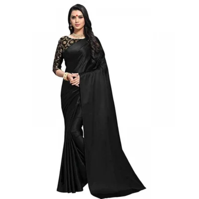 Women's Satin Solid Saree With Unstitched Blouse 5.5Mtr (Black)