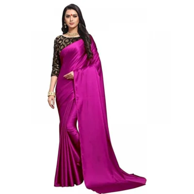 Women's Satin Solid Saree With Unstitched Blouse 5.5Mtr (Magenta)