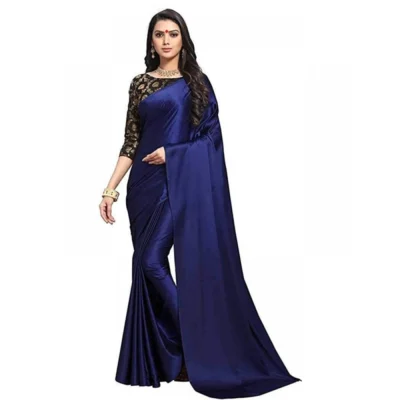 Women's Satin Solid Saree With Unstitched Blouse 5.5Mtr (Navy Blue)
