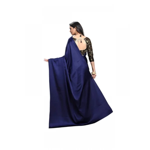 Women's Satin Solid Saree With Unstitched Blouse 5.5Mtr (Navy Blue) - Image 4