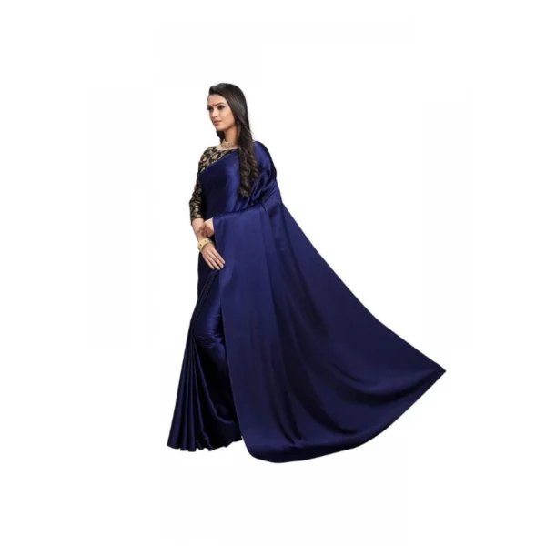 Women's Satin Solid Saree With Unstitched Blouse 5.5Mtr (Navy Blue) - Image 3