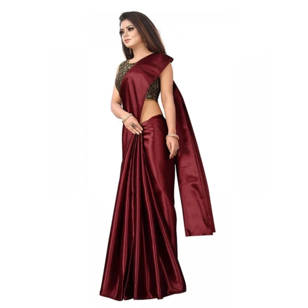 Women's Satin Printed Saree With Unstitched Blouse 5.5Mtr (Maroon) - Image 2