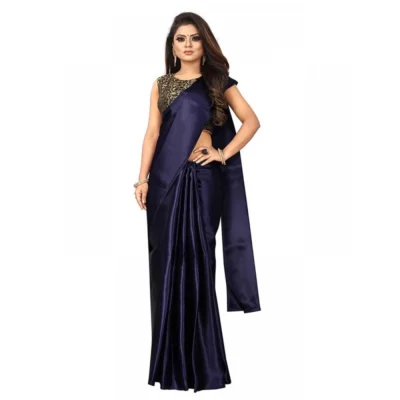 Women's Satin Printed Saree With Unstitched Blouse 5.5Mtr (Navy Blue)