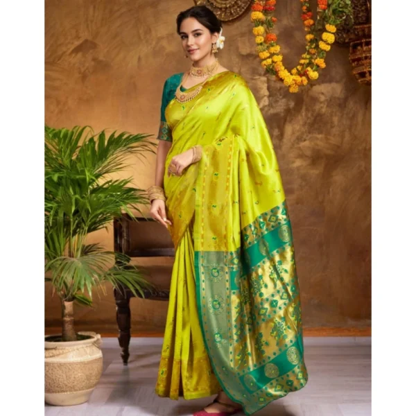 Women's Silk Blend Zari Weaving Saree With Unstitched Blouse 5.5Mtr (Lime-Green) - Image 4