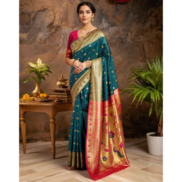 Women's Silk Blend Zari Weaving Saree With Unstitched Blouse 5.5Mtr (Rama) - Image 3