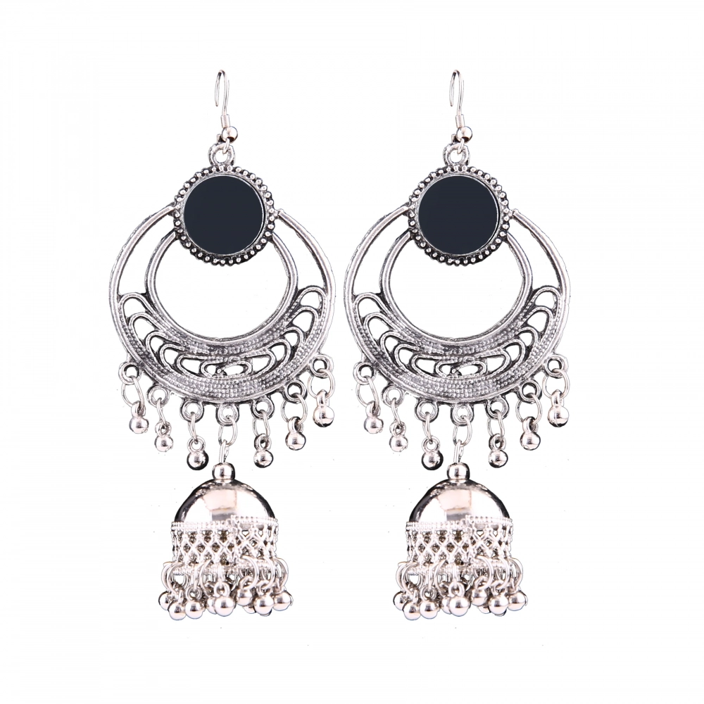 Women's Silver Oxidized Hook Dangler Hanging Afgani Tribal Fancy Earrings-Silver