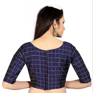 Women's Brocade, Inner-Cotton Full Stitched Padded Blouse (Navy Blue ) - Image 2