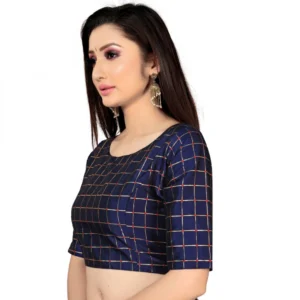 Women's Brocade, Inner-Cotton Full Stitched Padded Blouse (Navy Blue ) - Image 4