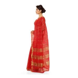 Women's Kota Doria Cotton Saree With Blouse (Red,6-3 Mtrs) - Image 3