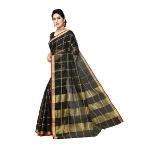 Women's Kota Doria Cotton Saree With Blouse (Black,6-3 Mtrs) - Image 3
