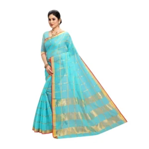Women's Kota Doria Cotton Saree With Blouse (Sky Blue,6-3 Mtrs) - Image 3