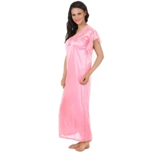 Women's Satin Long Nighty Frill Sleeve(Color: Baby Pink, Neck Type: V Neck) - Image 3