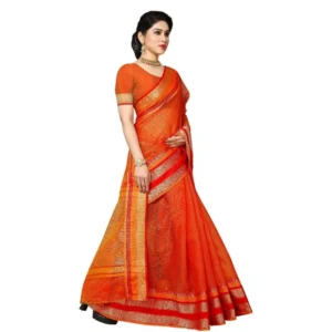Women's Kota Doria Cotton Border Saree With Blouse (Orange, 5-6 Mtrs) - Image 3