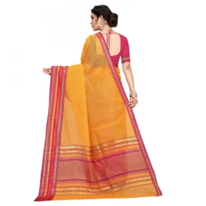 Women's Kota Doria Cotton Bordered Saree With Blouse (Gold, 5-6 Mtrs) - Image 2