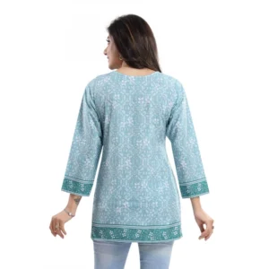 Women's Quarter Sleeve Faux Crepe Printed Short Kurti Tunic Top (Color:Blue) - Image 2