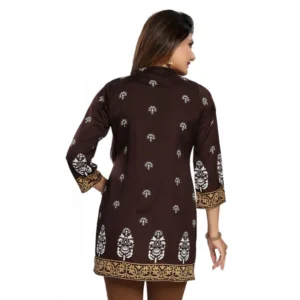 Women's Quarter Sleeve Faux Crepe Printed Short Kurti Tunic Top (Color:Brown) - Image 3