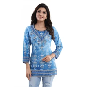 Women's Quarter Sleeve Faux Crepe Printed Short Kurti Tunic Top (Color:Sky Blue) - Image 3