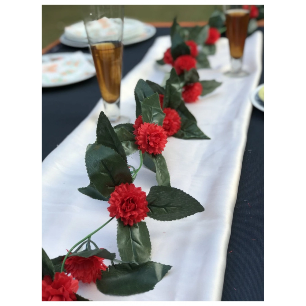 Artificial Red Marigold Genda Flower Vine Creeper With Big Green Leaves For Home Decoration (Color: Red, Material: Silk Polyester)