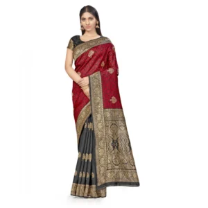Women's Banarasi Silk Saree With Blouse (Black, Red, 5-6Mtrs) - Image 5