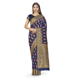 Women's Banarasi Silk Saree With Blouse (Navy Blue, 5-6Mtrs) - Image 5