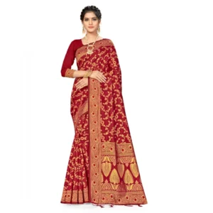 Women's Banarasi Silk Saree With Blouse (Maroon, 5-6Mtrs) - Image 4