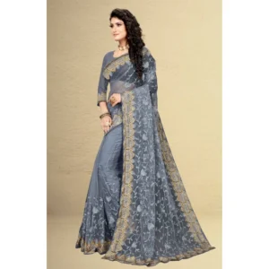 Women's Net Saree With Blouse (Grey, 5-6Mtrs) - Image 4