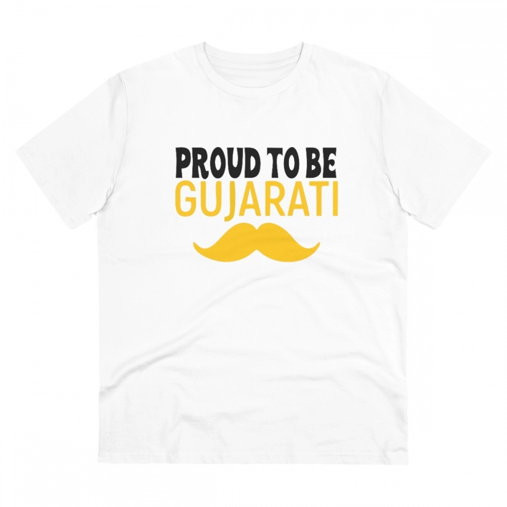 Men's PC Cotton Proud To Be Gujarati Printed T Shirt (Color: White, Thread Count: 180GSM)