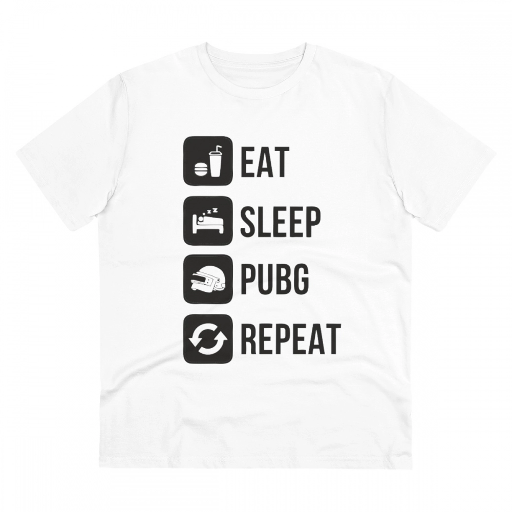 Men's PC Cotton Eat Sleep Pubg Repeat Printed T Shirt (Color: White, Thread Count: 180GSM)
