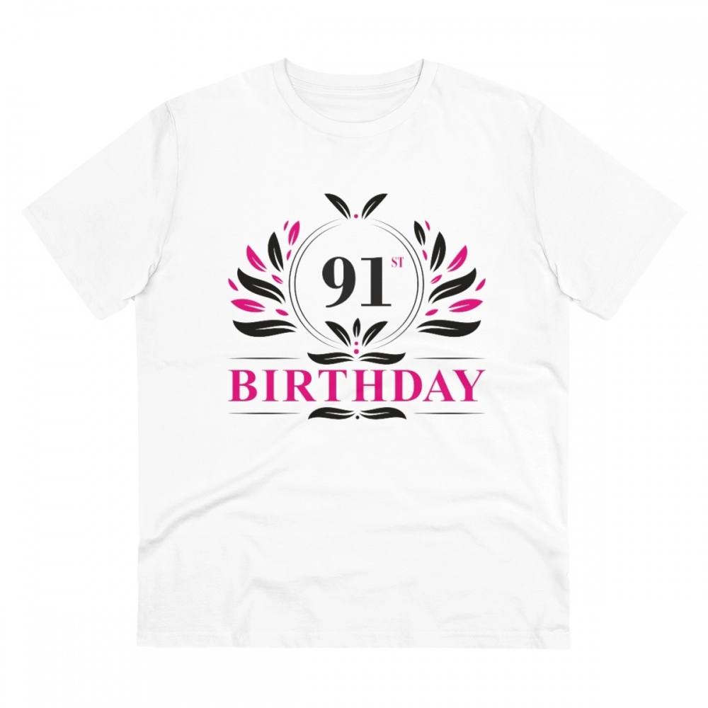 Men's PC Cotton 91st Birthday Printed T Shirt (Color: White, Thread Count: 180GSM)