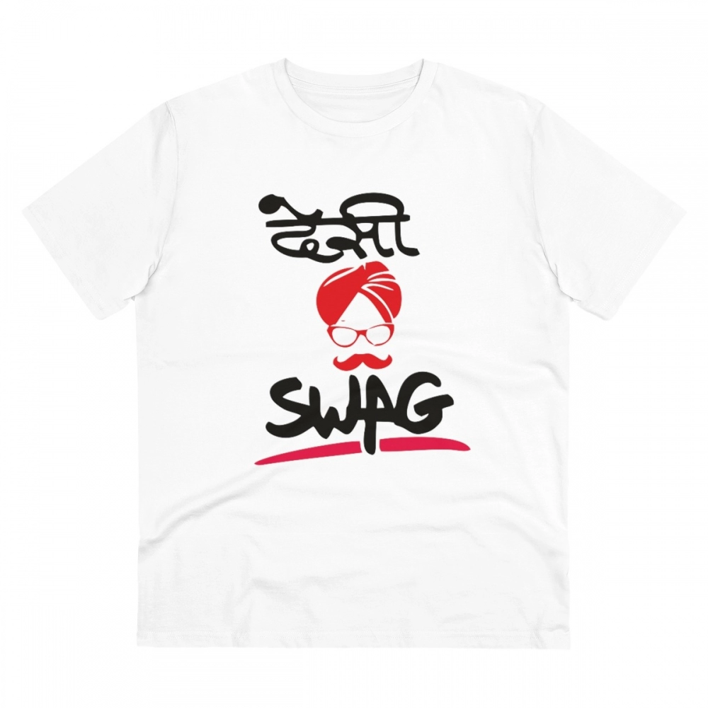 Men's PC Cotton Desi Swag Printed T Shirt (Color: White, Thread Count: 180GSM)