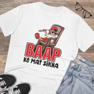 Men's PC Cotton Baap Ko Mat Sikha Printed T Shirt (Color: White, Thread Count: 180GSM) - Image 4