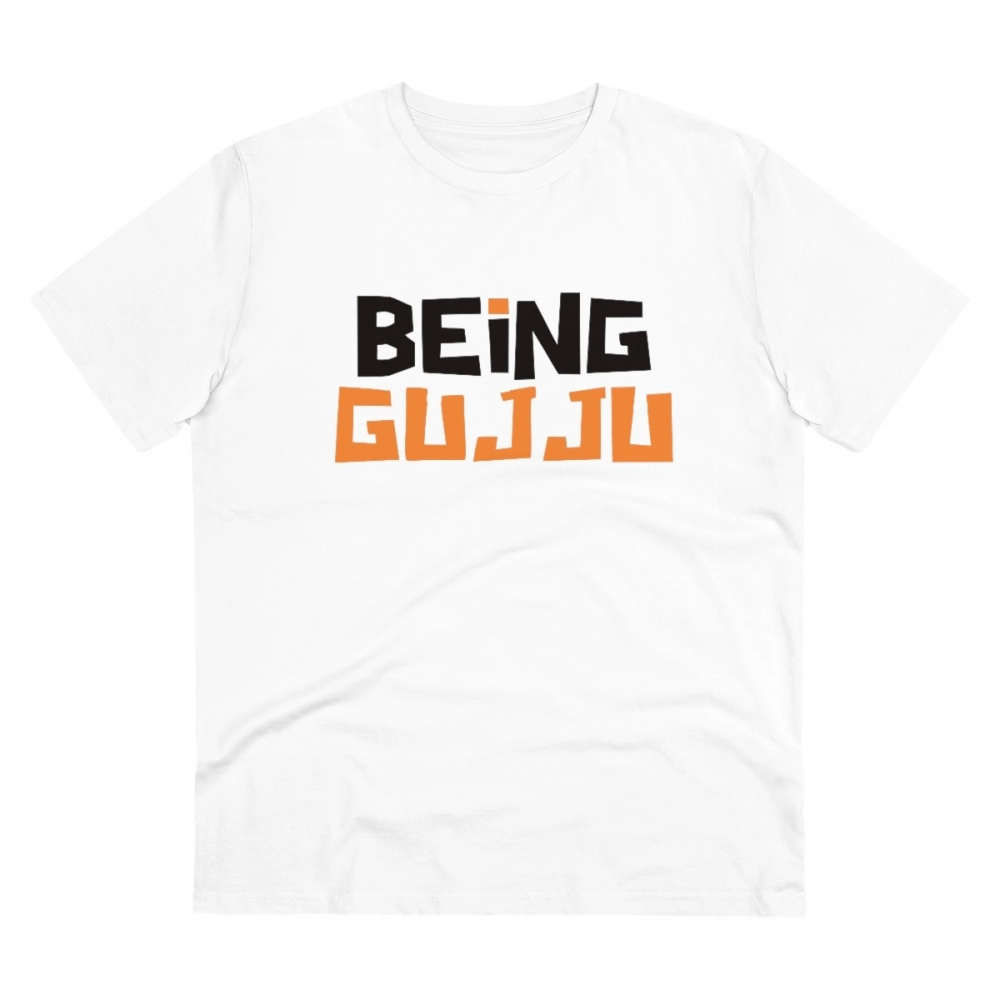 Men's PC Cotton Being Gujju Printed T Shirt (Color: White, Thread Count: 180GSM)