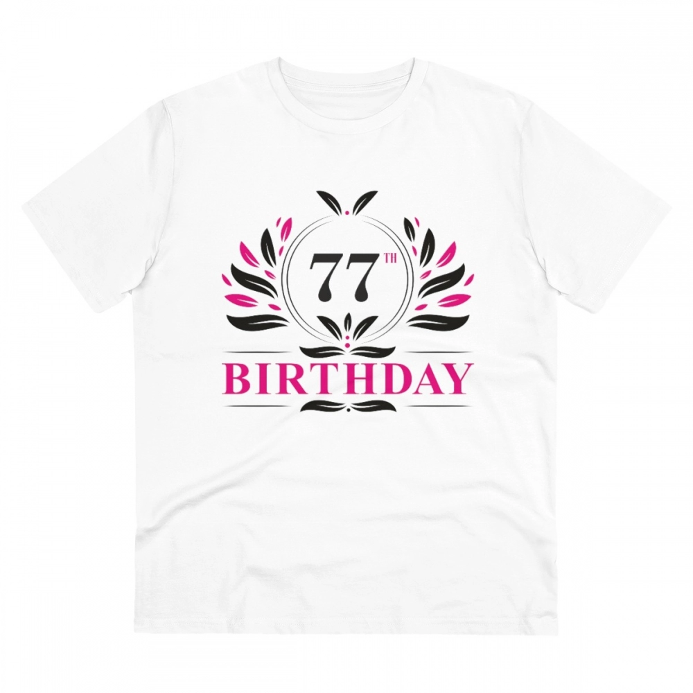 Men's PC Cotton 77th Birthday Printed T Shirt (Color: White, Thread Count: 180GSM)