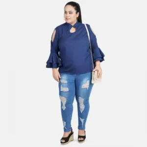 Women's Casual Bell Sleeve Solid Blue Top (Color:Blue, Material:Crepe) - Image 2