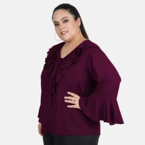 Women's Casual Bell Sleeve Solid Purple Top (Color:Purple, Material:Georgette) - Image 5